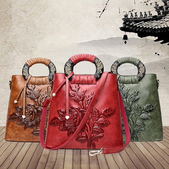 Women Vintage Ethnic Style Embossed Handbag Shoulder Bag Crossbody Bag Large Capacity