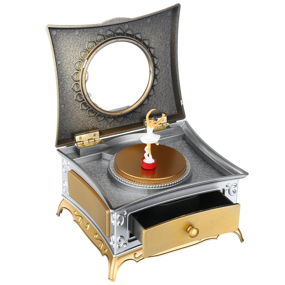 Classical Rotating Girl Music Box Jewelry Storage Make up Mirror Dresser Case