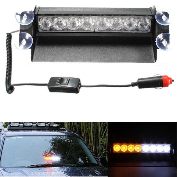 8 LED Car Strobe Flash Warning Light Emergency Sucker Wind Shield White&Amber