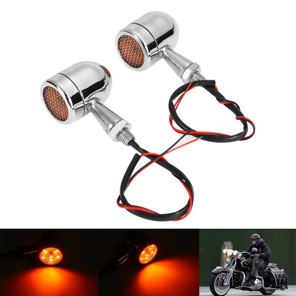 Pair Chrome Motorcycle Grill Bullet LED Turn Signal Lights Indicator Lamps