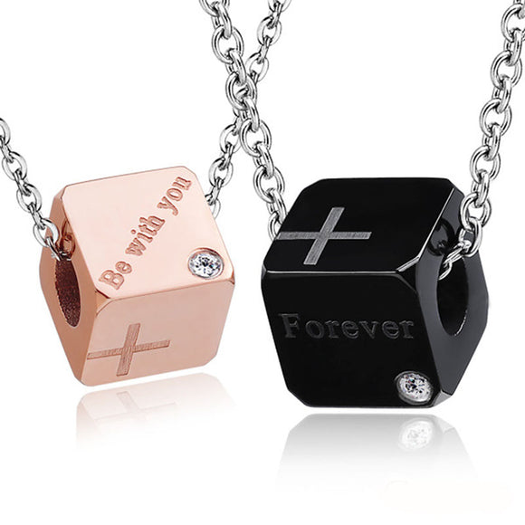 1 Pair Stainless Steel Lover Couple Necklace Sweet Cubic Pendant Jewelry Gift