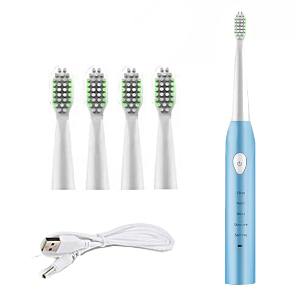 5 Modes Electric Toothbrush Mute Soft Sonic USB Rechargeable Waterproof Tooth Cleaner With 4 Brushes