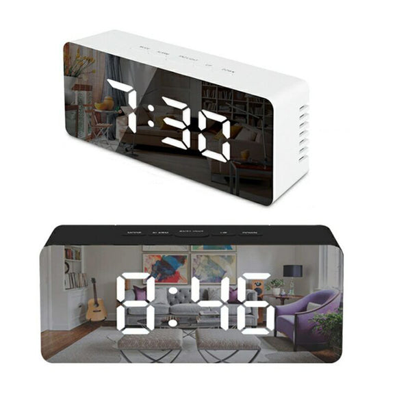 LED Mirror Alarm Clock Digital Snooze Table Clock Wake Up Temperature Display