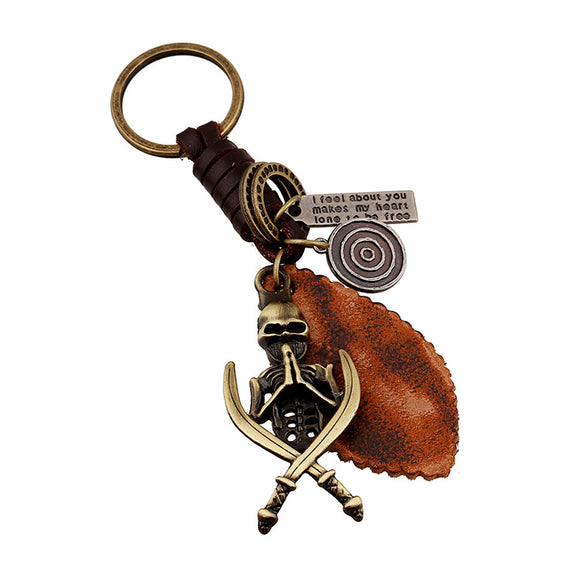 Vintage Handmade Leather Keychain Punk Skull Skeleton Leaf Pendant Key Ring