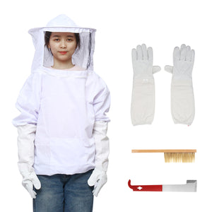 4Pcs Safe Bee-Proof BeeKeeping Veil Hat Suit Work Gloves Bee Hive Brush J Hook Tool