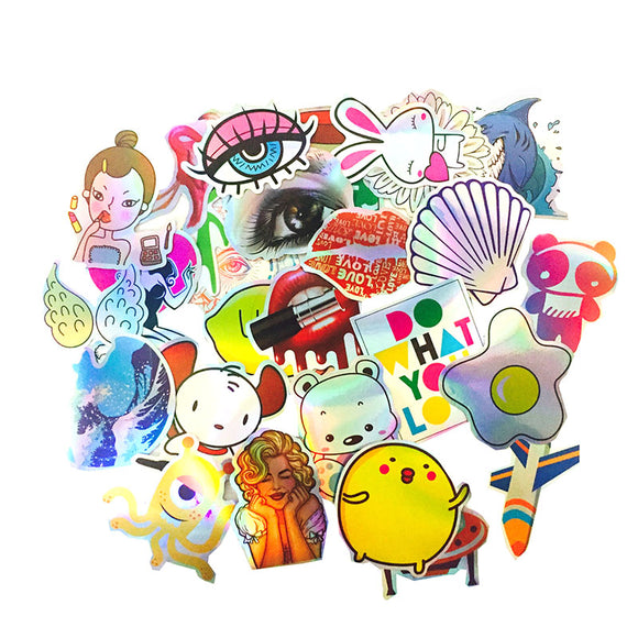 28pcs Cartoon Colourful Reflection DIY Laser Stickers For Suitcase Skateboard Laptop Luggage Sticker