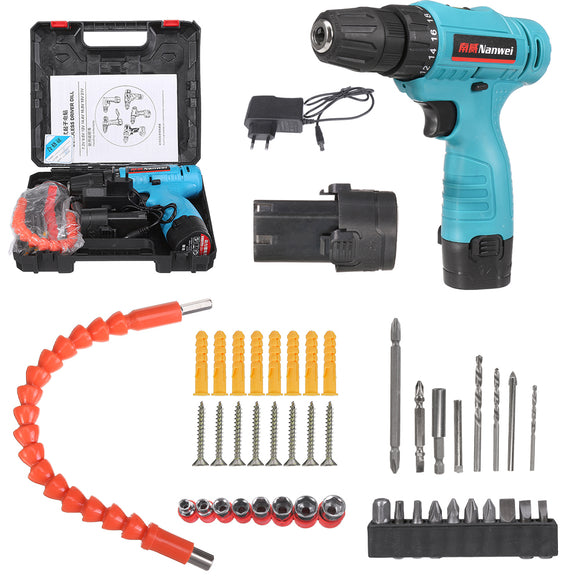 12V Cordless Drill Impact Driver 2 Lithium Rechargeable LED Worklight Hand Electric Power Tools