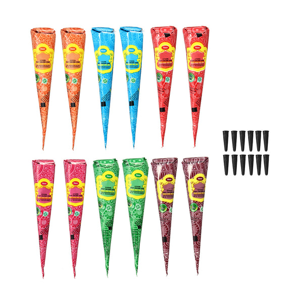 12Pcs Henna Cones Temporary Tattoo Kit Natural Herbal Body Art Paint Mehandi Ink Pigment