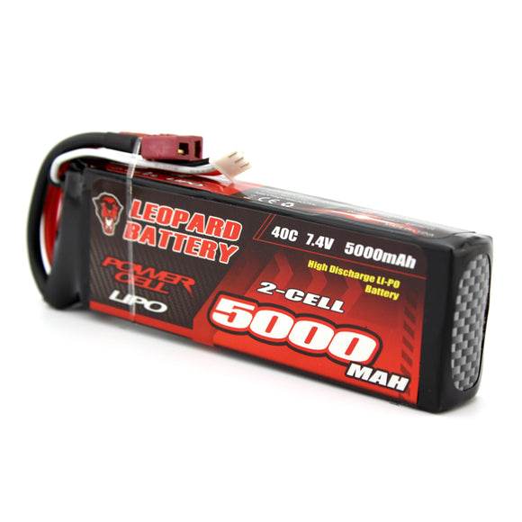 Leopard Power 7.4V 5000mAh 40C 2S T Plug Lipo Battery for 1:8 / 1:10 RC Car