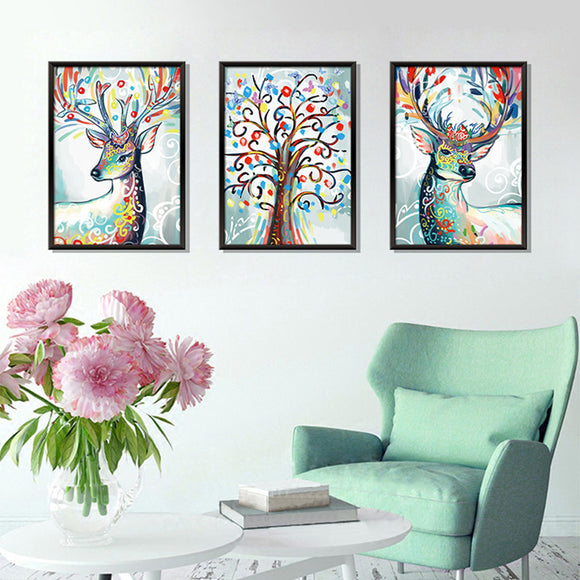 Three-dimensional Triptych Watercolor Elk Wall Sticker Home Decor Mural Art Removable Wall Decals