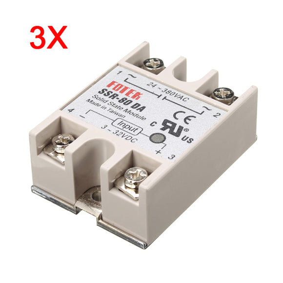 3Pcs 80A SSR-80DA Solid State Relay Module DC To AC 24V-380V Output