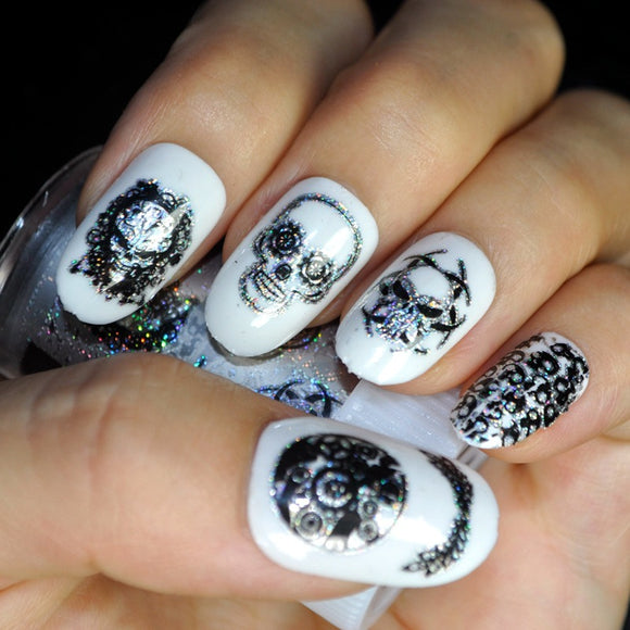 Halloween Laser Skull Nail Stickers Decals Gorgeous Foils Wraps Manicure Decoration Zombie Design