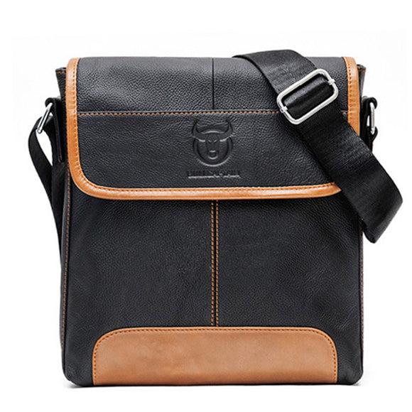 BULLCAPTAIN Men Genuine Leather Briefcase Casual Messenger Bag Black Crossbody Bag Shoulder Bag