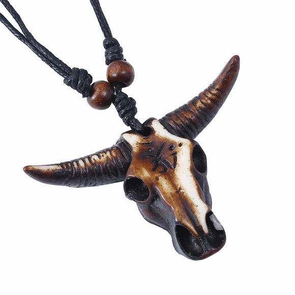 Vintage Ox Skull Head Pendant Adjustable Lether Long Necklace for Men Women