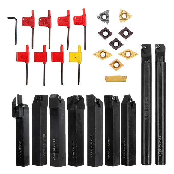 Drillpro 9pcs 16mm Shank Lathe Boring Bar Turning Tool Holder Set With Carbide Inserts