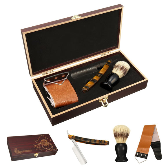 Shaver Kit Cut Throat Straight Razor Shaving Brush Leather Strop Wood Box Gift
