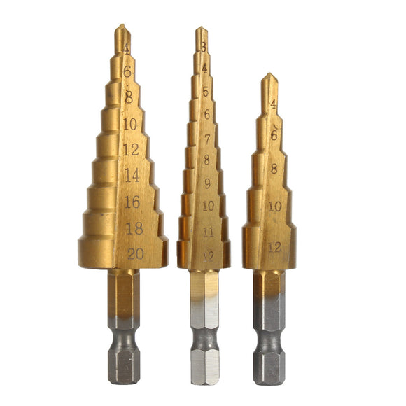 Doersupp 3Pcs 3-12m/4-12mm/4-20mm Step Drill Bits Titanium Coated Step Drill Bits Set