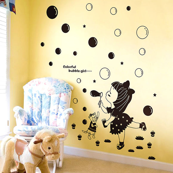 Kids Black Room Decor Little Girl Blowing Bubbles Wall Stickers Girls Room Removable Wall Stickers