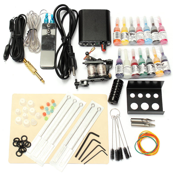 Complete Tattoo Kit With Tatoo Machine 14 Color Inks Power Supply Cord Set