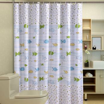 Cartoon Fishes Printed Bathroom Curtain Waterproof Moldproof Polyester Shower Curtains and Hook