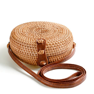 Women Round Straw Beach Bag Vintage Travel Crossbody Bag