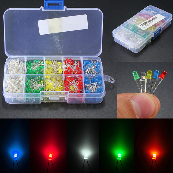 500Pcs 3mm LED Light White Yellow Red Blue Green DIY Assortment Diodes Kit