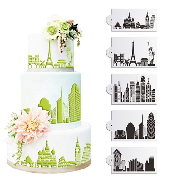 5Pcs/Set Plastic Civic Architecture Stencils Fondant Cake Mold Cookie Baking Mould Decorating Tool