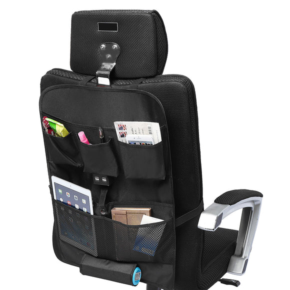 Black Oxford Car Seat Back Storage Bag Multi-Pocket with 4 USB Ports Universal