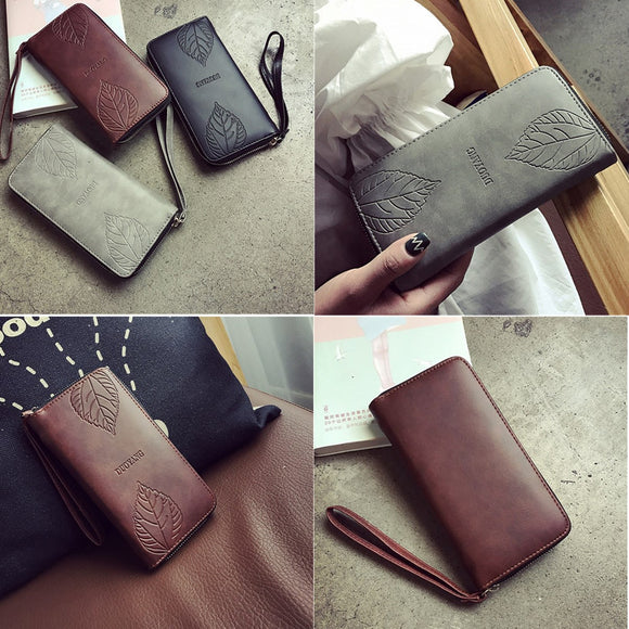 Women PU Leather Leaf Pattern Purse Wallet Card Holder Phone Zipper Bag for iPhone Samsung Xiaomi