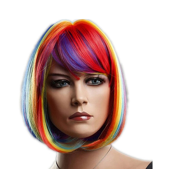 Anime Rainbow Wigs Colorful BOB Head Short Hair Wig Full Bangs High Temperature Wire Headcover Cosplay Hair Wigs