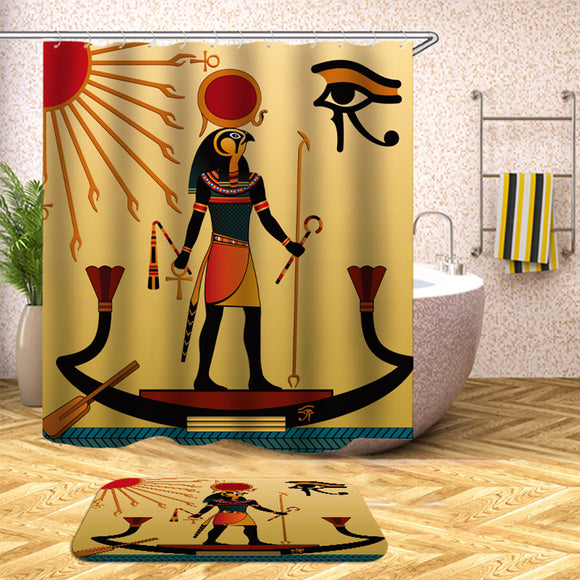 Waterproof Egyptian Style Shower Curtains With 12pcs Hooks Bathroom Toilet Rug Mat Set