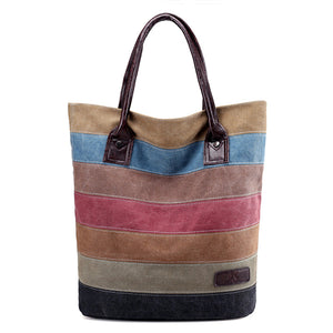 Women Stripe Leisure Canvas Tote Handbags Travel Tote Bags