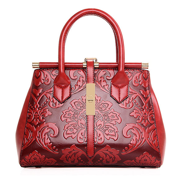 Women High Quality PU Leather Retro Embroidery Handbag Tote Bag Shoulder Bag