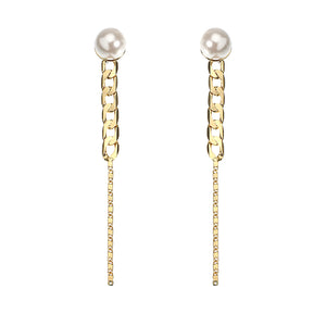 JASSY 18K Gold Plated Pearl Earrings Simple Chain Shape Line Pendant Ear Stud Gift for Women