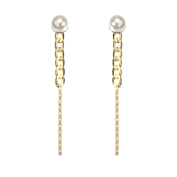 JASSY 18K Gold Plated Pearl Earrings Simple Chain Shape Line Pendant Ear Stud Gift for Women