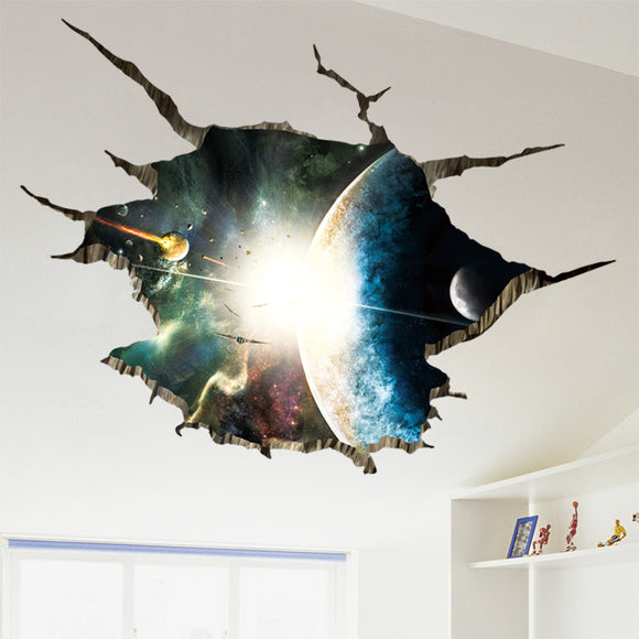 Miico Creative 3D Space Universe Planets Broken Wall Removable Home Room Wall Decor Sticker