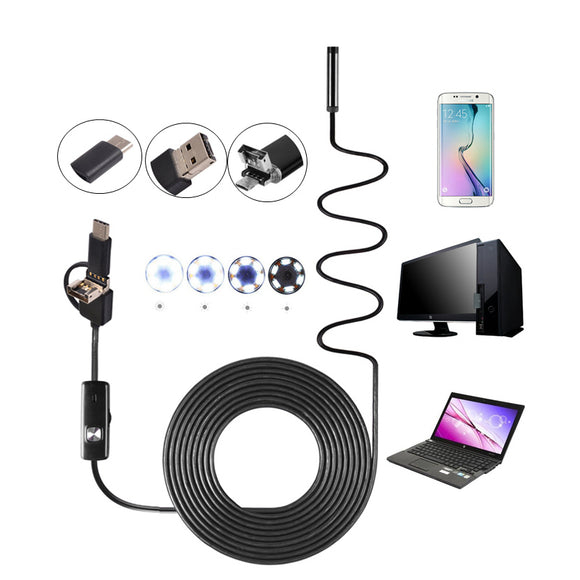 3-in-1 8mm 6LED Rigid Waterproof Endoscope USB Type C Borescope Inspection Camera 1/2/3.5/5/10M