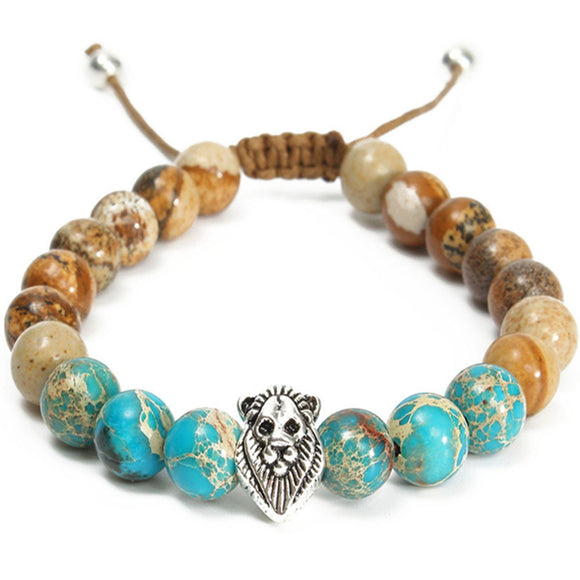 Vintage 8mm Beads Jasper Stone Lion Head Men Women Bracelet