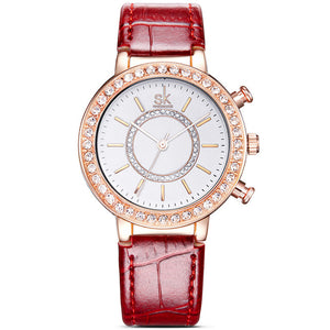 SK K0012 Diamonds Gold Case Moden Women Wrist Watch Gift Leather Strap Quartz Watches