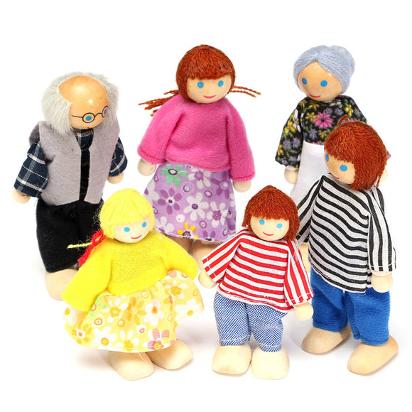 6PCS Wooden Family Members Dolls Set Kids Children Toy Dollhouse Figures Dressed Characters