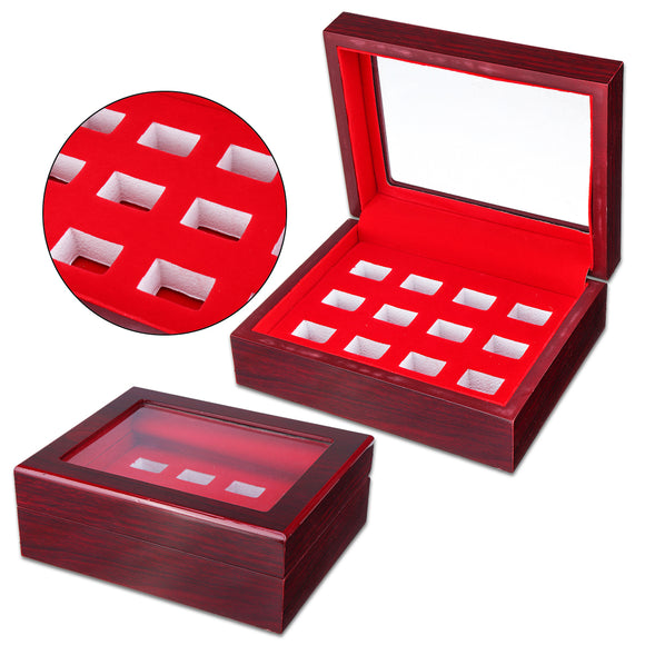 12 Holes Wooden Box For Championship Ring Collection Display Red Black