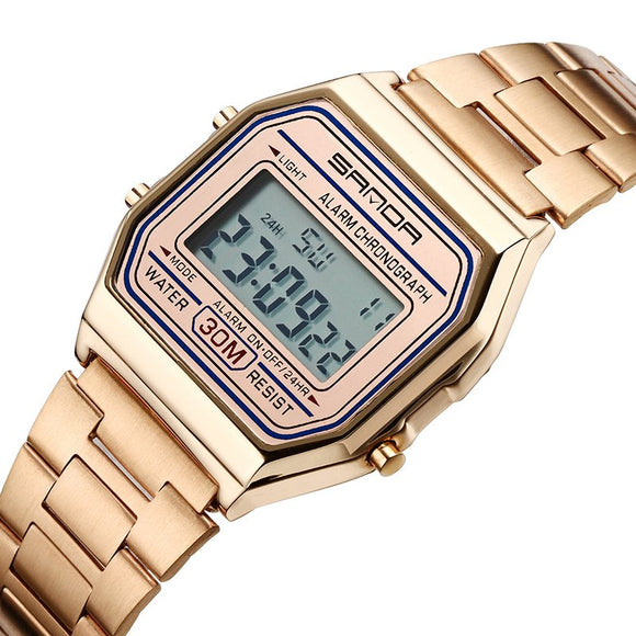 SANDA 405 Digital Watch Luxury Multifunction Stainless Steel Strap Business Men Wrist Watch