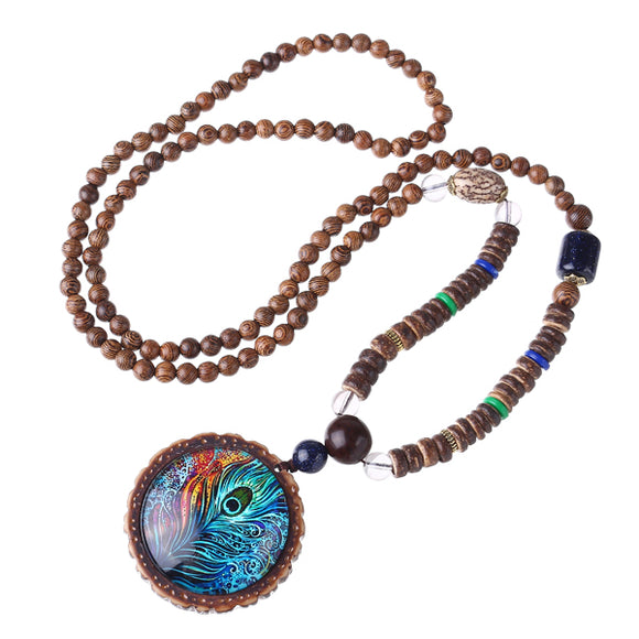 Women's Ethnic Peacock Feather Pendant Necklace Retro Wood Beads Long Sweater Chain