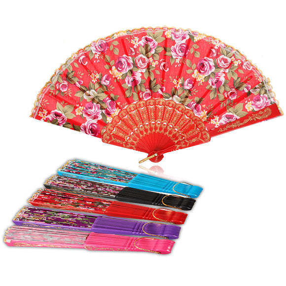 Retro Floral Print Folding Fans Hand Fan Dance Party Supplies