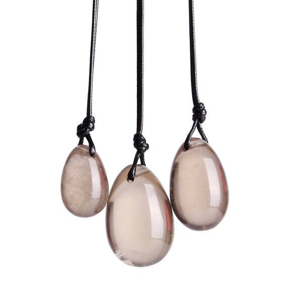 Drilled Natural Smokey Quartz Crystal Yoni Egg 3Pcs With Storage Pouch Cords Set Manual Massager
