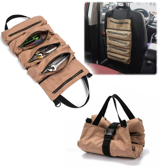 5 Pockets Tool Roll Bag Large Wrench Big Tool Roll Up Bag Canvas Tool Car Organizer