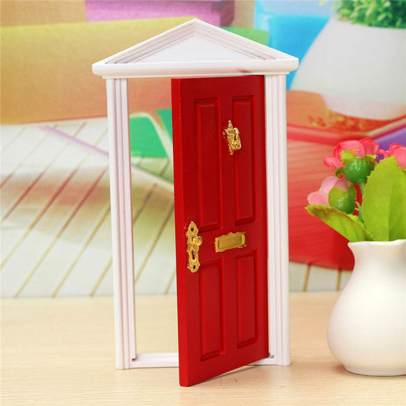 1/12 Dollhouse Miniature Wood Fairy Door Red Assembled With Metal Accessories Toy
