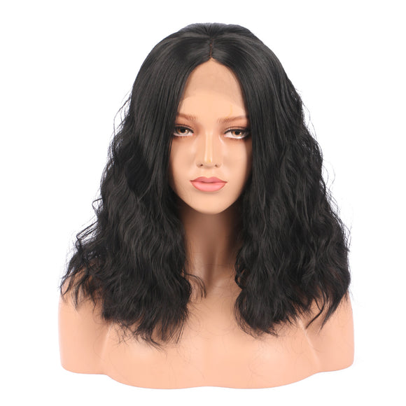 Fashion Mid-Length Natural Black Front Lace Hair High Temperature Silk Fiber Wig Cap