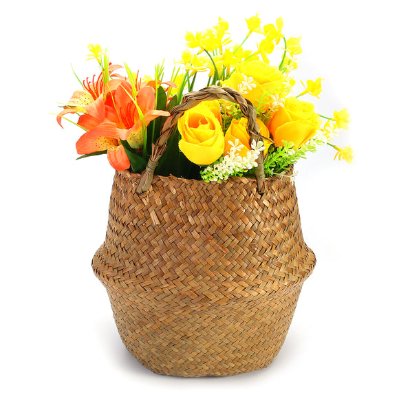 Folding Flower Pot Plant Straw Storage Baskets Flower Vase Handmade Hanging Basket Home Decor