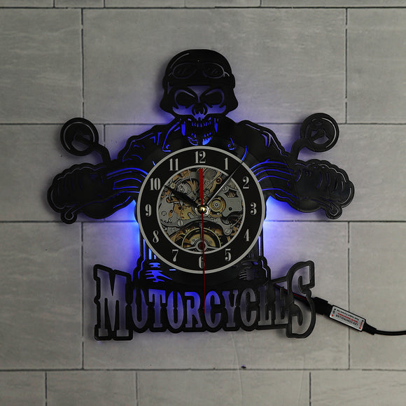 Motorcycles Skull Vinyl Record Wall Clock With LED Illumination Motorbike Biker Skull Wall Hanging Decorative Lighting